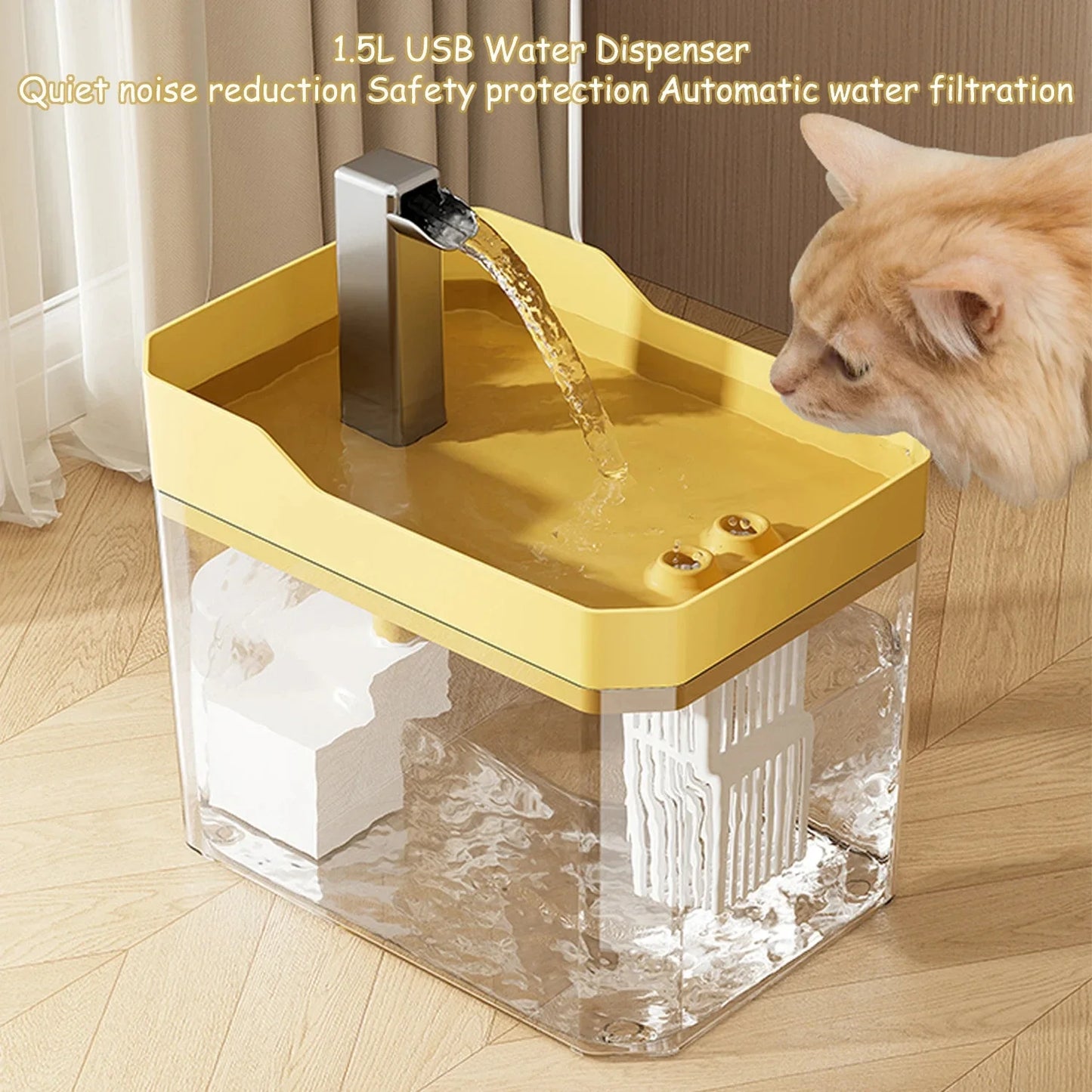 Cat auto water dispenser 1.5L w/ pump filter, silent, Pet drinking water equipment for cats & small dogs,6 filters,1 year use