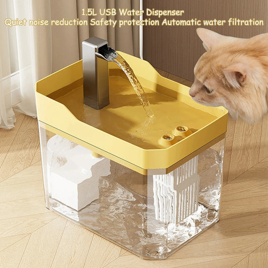 Cat auto water dispenser 1.5L w/ pump filter, silent, Pet drinking water equipment for cats & small dogs,6 filters,1 year use